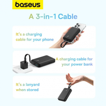 Pin Dự Phòng Không Dây (tích hợp sẵn cáp Lightning) 10000mAh 20W Baseus  