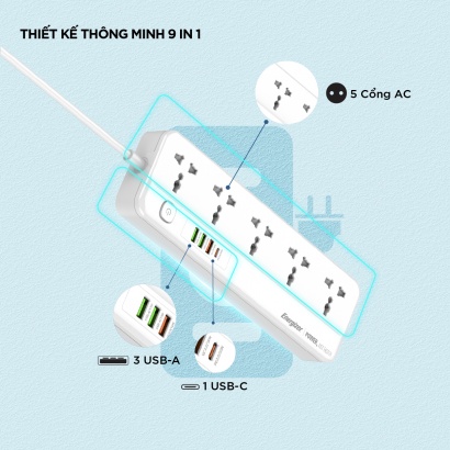 Ổ cắm điện đa năng để bàn 5AC kèm 3 USB-A & 1 PD USB-C Energizer