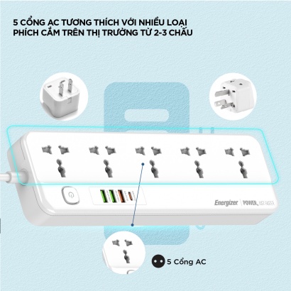 Ổ cắm điện đa năng để bàn 5AC kèm 3 USB-A & 1 PD USB-C Energizer