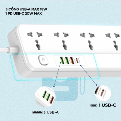 Ổ cắm điện đa năng để bàn 5AC kèm 3 USB-A & 1 PD USB-C Energizer