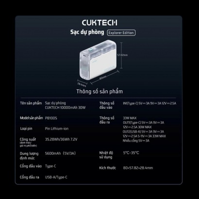 Pin dự phòng Cuktech 10.000mAh Power Bank 30W - PB100S