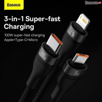 Cáp Sạc 3 Đầu Công Suất Cao Baseus Flash Series Ⅱ One-for-three Fast Charging Data Cable (USB to M+L+C 100W 1.2m)