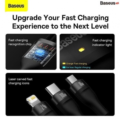Cáp Sạc 3 Đầu Công Suất Cao Baseus Flash Series Ⅱ One-for-three Fast Charging Data Cable (USB to M+L+C 100W 1.2m)