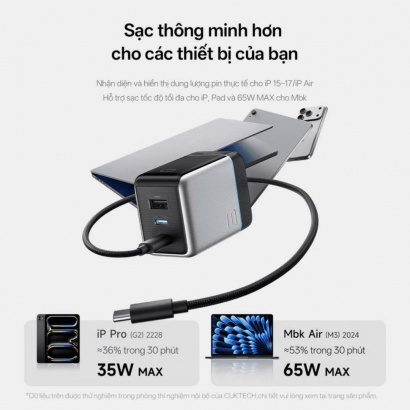 Củ sạc Cuktech 6 Ultra AD653U – 3 cổng USB-C×2 + USB-A, Sạc nhanh PD 3.0 / QC 4.0 / PPS, 100W 